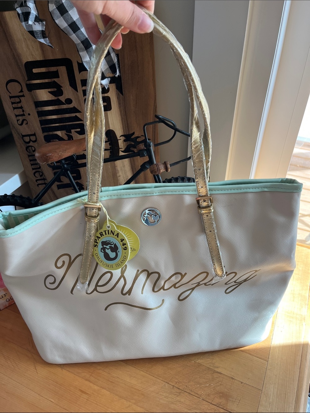 Spartina 449 White Tote with Mint Trim and Gold Handles